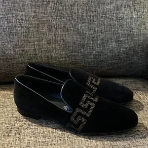 Versace men’s velvet La Greca logo slip on loafers NEW Versace - Logo-Embroidered Velvet Loafers - Black Versace main image 4